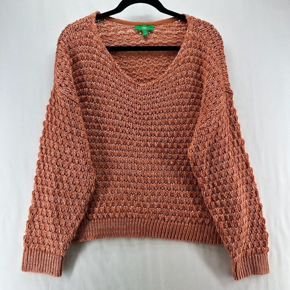 Dip Sweater Women Sz L V Neck Pullover Open Crochet Long Sleeve Preppy Sandstone